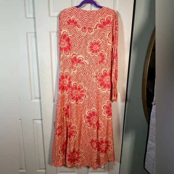 Free People Button front, tie detail, retro maxi dress, orange cream red - Picture 6 of 7